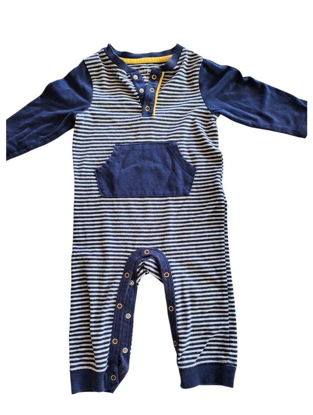 Cat & Jack Blue Yellow White Striped Long Sleeve Pocketed Bodysuit Size 6 To 9M